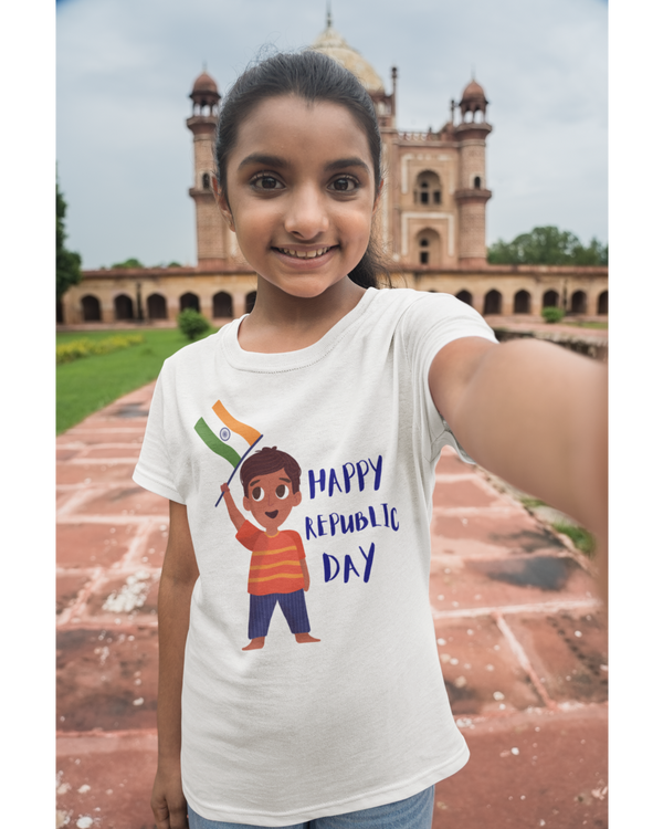 Happy Republic Day - Boy with Flag Kids Half Sleeve Tshirt-White