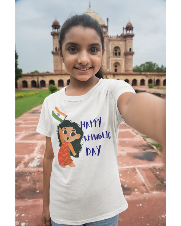 Happy Republic Day - Girl with Flag Kids Half Sleeve Tshirt-White